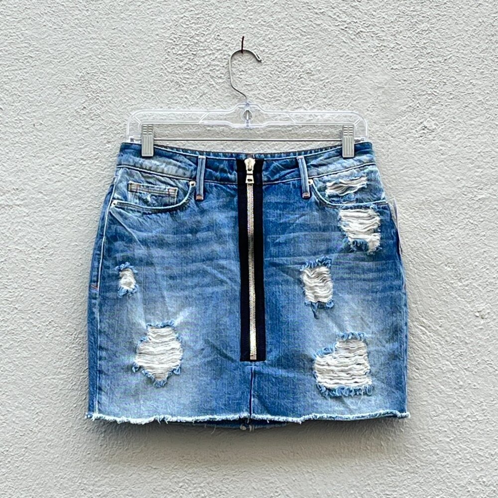NWT Good American Distressed Blue Denim Zip Up Mini Skirt Size 0